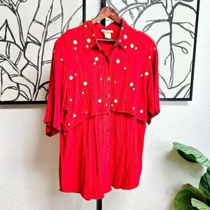 Vintage Red Gemmed Tunic dress 80s 90s button up 2X plus